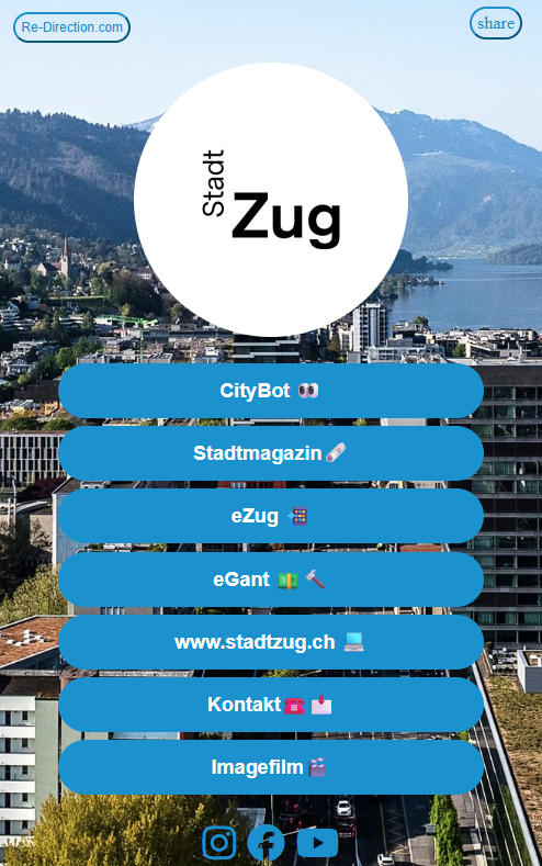 Beispiel einer kommunalen Bio Page der Stadt Zug mit Re-Direction
